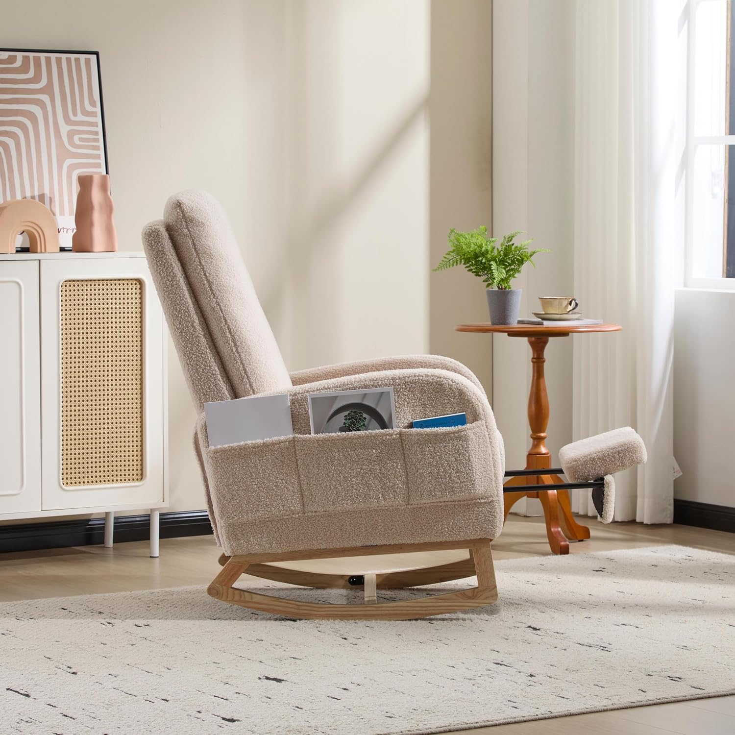 Cloud Rocking Chair Nursery, Comfy Glider Nursery Chair with Foot Rest, Upholstered Rocker, Modern Accent Reading Armchair with Solid Wood Base for Living Room, Bedroom (40.9' Beige)