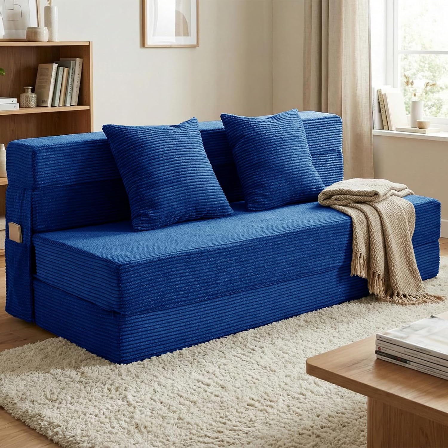 JKMAX Queen Size Folding Sofa Bed - 4 in 1 Convertible Sleeper Chair with Two Pillows - High Density Memory Foam Futon Couch - Foldable Bed for Living Room Bedroom (Blue)