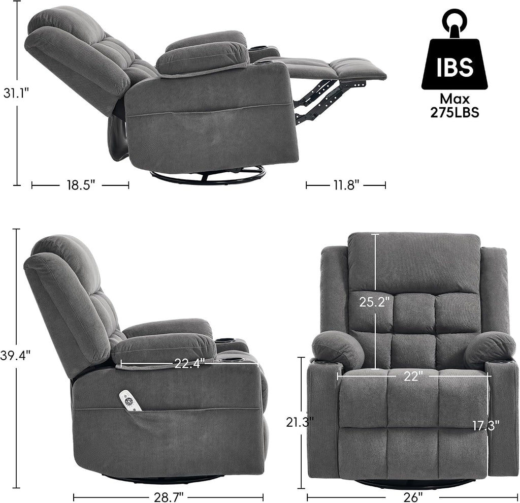Swivel Rocker Recliner Chair with Massage and Heating,Cup Holders,Glider Recliner for Adults,Soft Fabric Living Room Nursing Reclining Sofa Chair