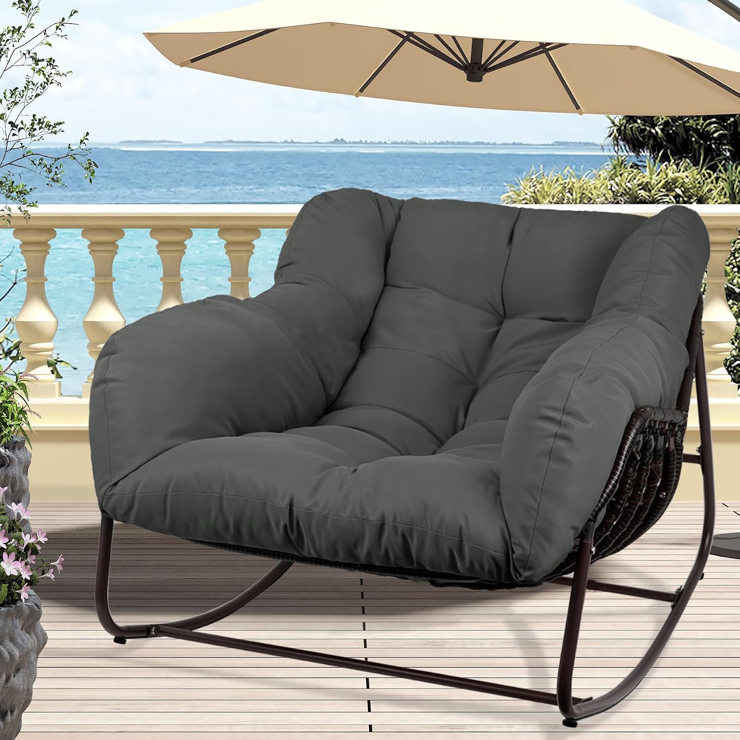 Papasan Rocking Chair Indoor & Outdoor, Oversized Patio Rocking Chairs with Padded Cushion& Pillow-Comfortable Rocker Egg Chair for Front Porch, Garden, Patio, Backyard,Grey,1PC