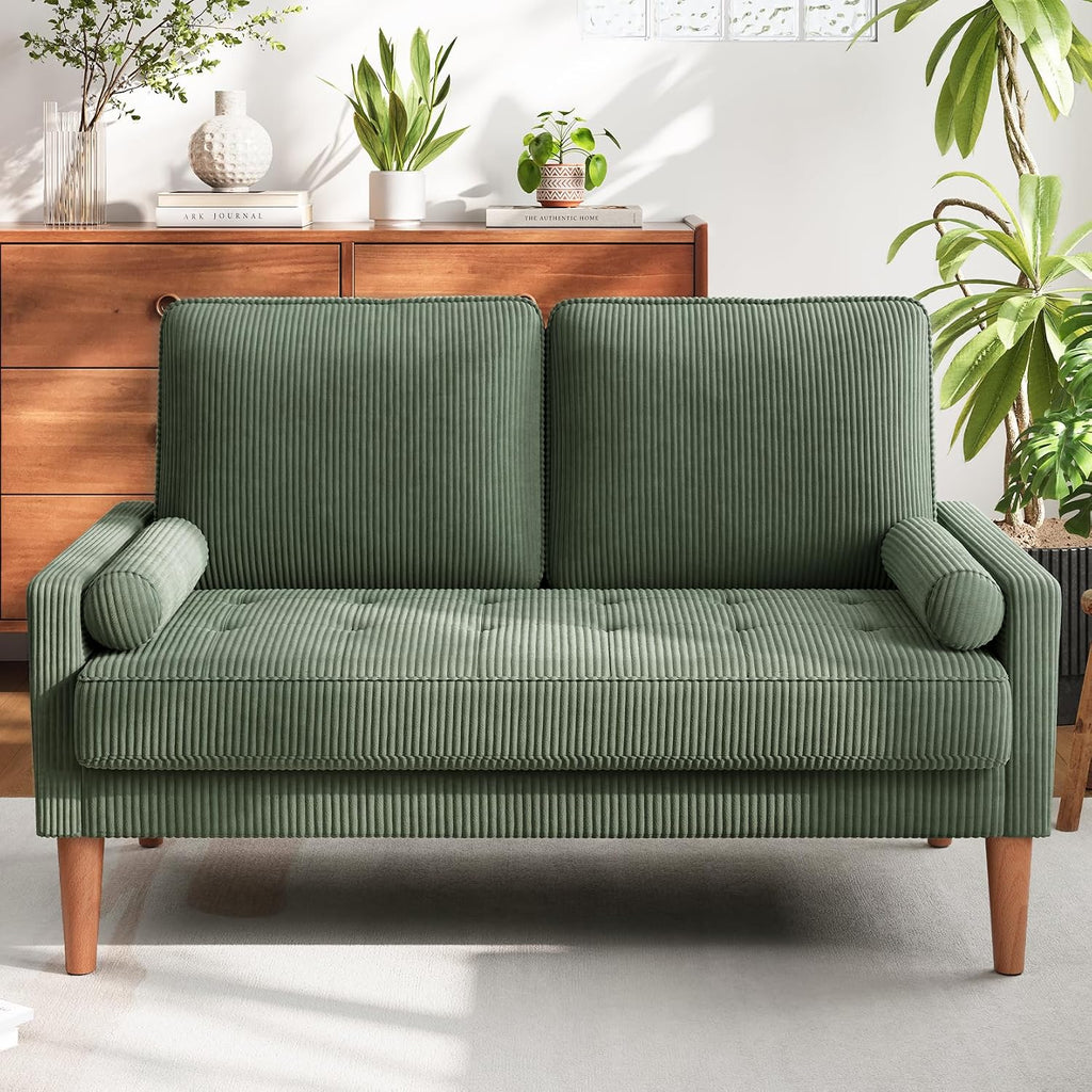 Vesgantti Loveseat Sofa with Solid Wood Legs,48' Small Corduroy Couches for Small Spaces, Mid Century Modern Love Seat for Living Room, Bedroom, Easy Assembly with Throw Pillow, Green