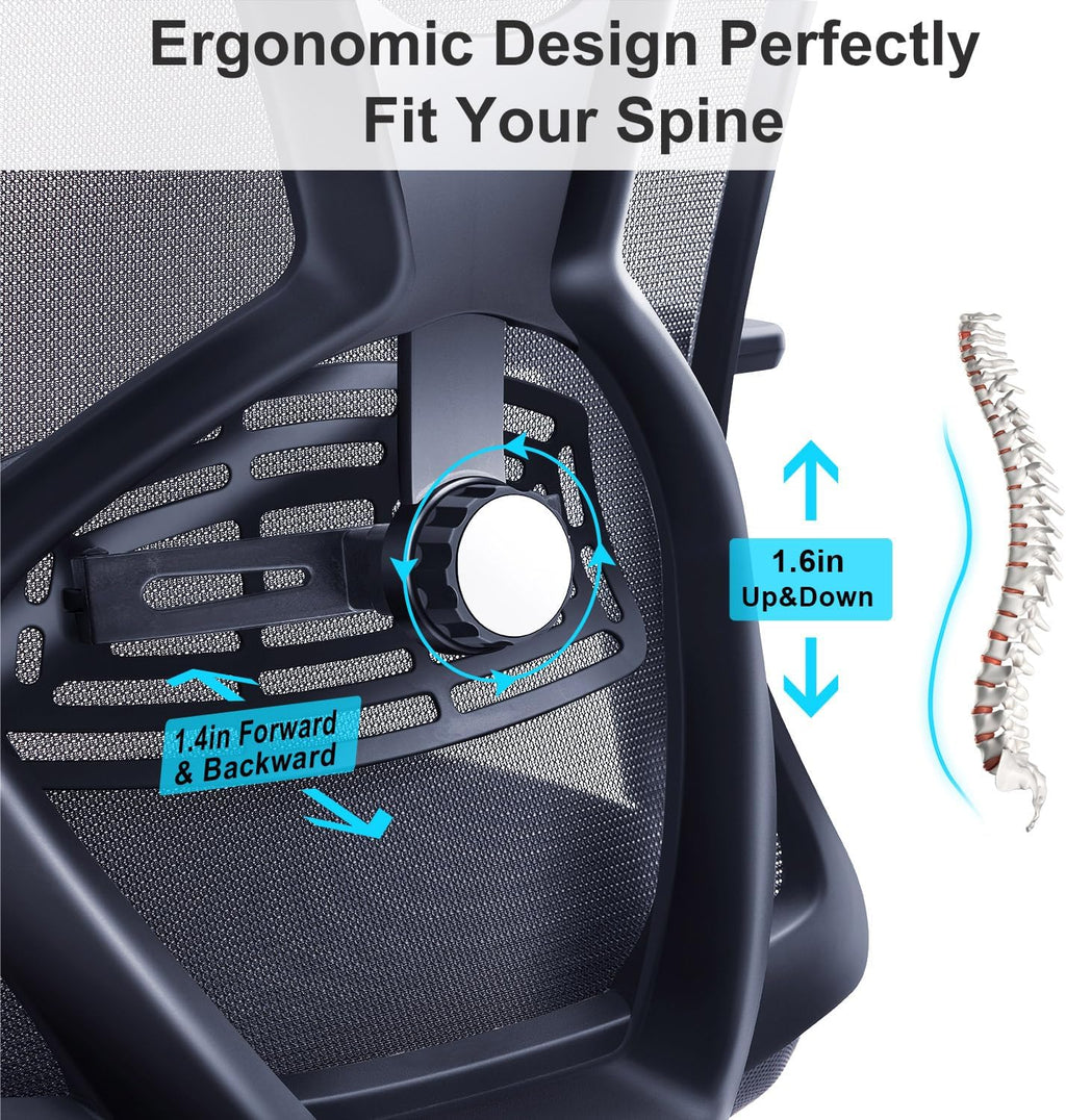 Ticova Ergonomic Office Chair - High Back Desk Chair with Adjustable Lumbar Support & 3D Armrest - 130°Reclining & Rocking Mesh ComputerChair with Thick Seat Cushion & Rotatable Headrest
