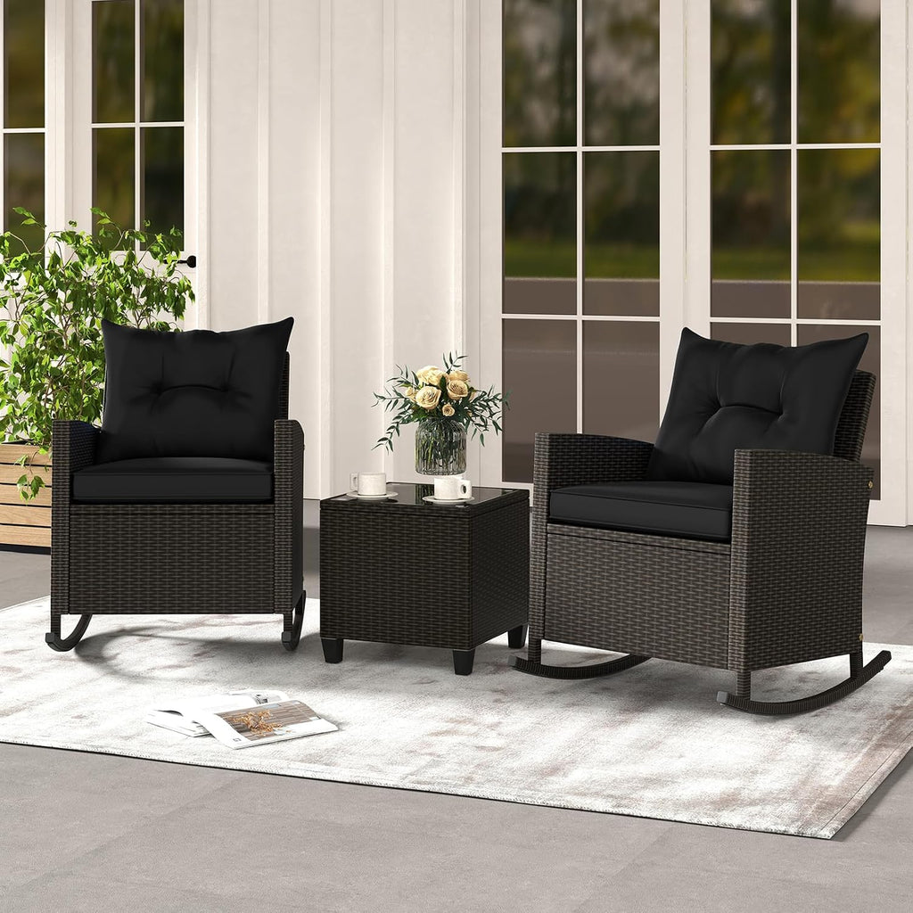 Tangkula 3 Piece Wicker Rocking Set, Patio Rattan Roker Chairs with Tempered Glass Table & Soft Cushions, Outdoor Furniture Set for Backyard, Poolside Porch (Black)