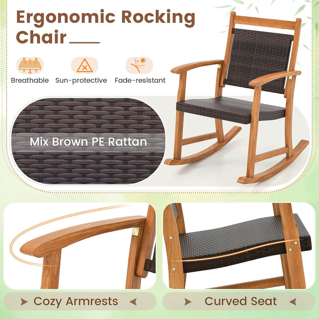 Tangkula 3 Pieces Patio Rocking Chair Set, Patiojoy Acacia Wood Rocker with Side Table, Outdoor Chairs with Wicker Rattan Seat & Backrest, Patio Bistro Set for Garden, Backyard, Poolside
