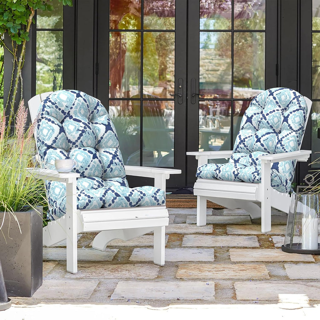 Indoor/Outdoor Adirondack Chair Cushions 44 x 19 x 4 Inch, Tufted Outdoor Rocking Chair Cushion, Anti-Slip High Back Patio Chair Cushions, Set of 2, Boho Geometry Blue