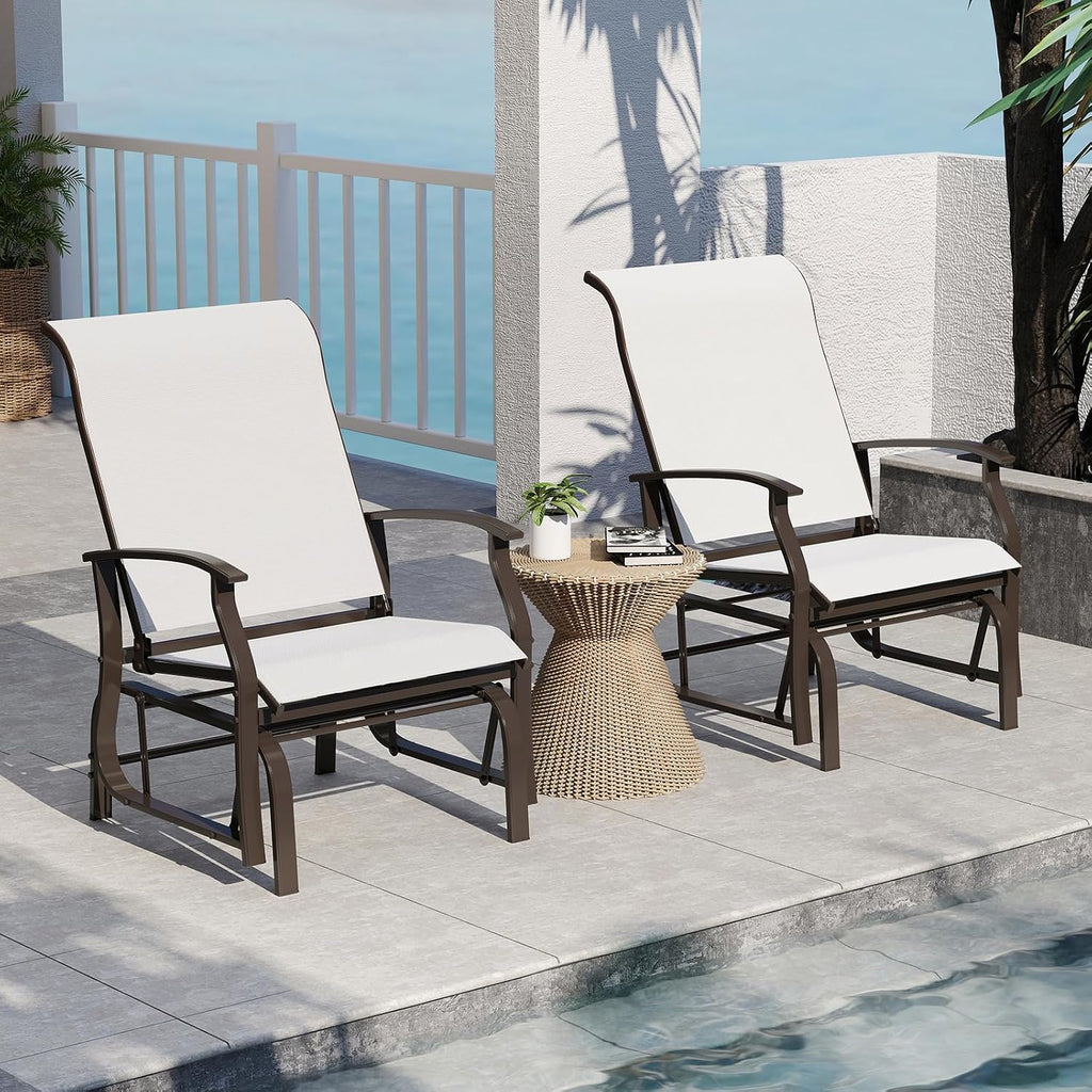 Tangkula Porch Gliders Set of 2, Outdoor Swing Glider Chairs with High Back, Breathable Mesh Fabric and Metal Frame, Patio Rocking Chairs for Backyard Garden Balcony Poolside (Off White)