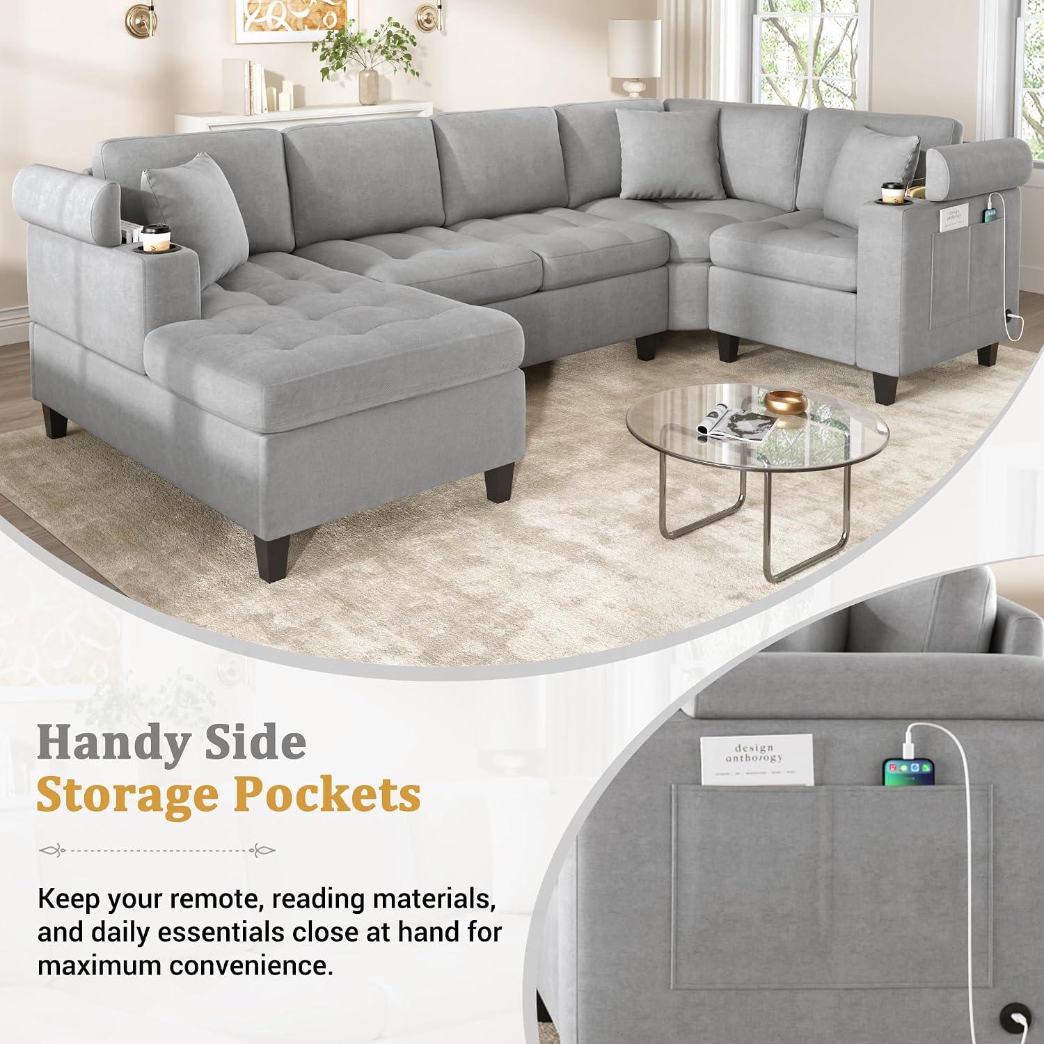 Eafurn Oversized U Shaped Sectional Sofa Tufted Couch w/Left Chaise, 6-Seater Chenille Convertible Corner Couches w/Cup Holders, Storage Armrest and USB Ports