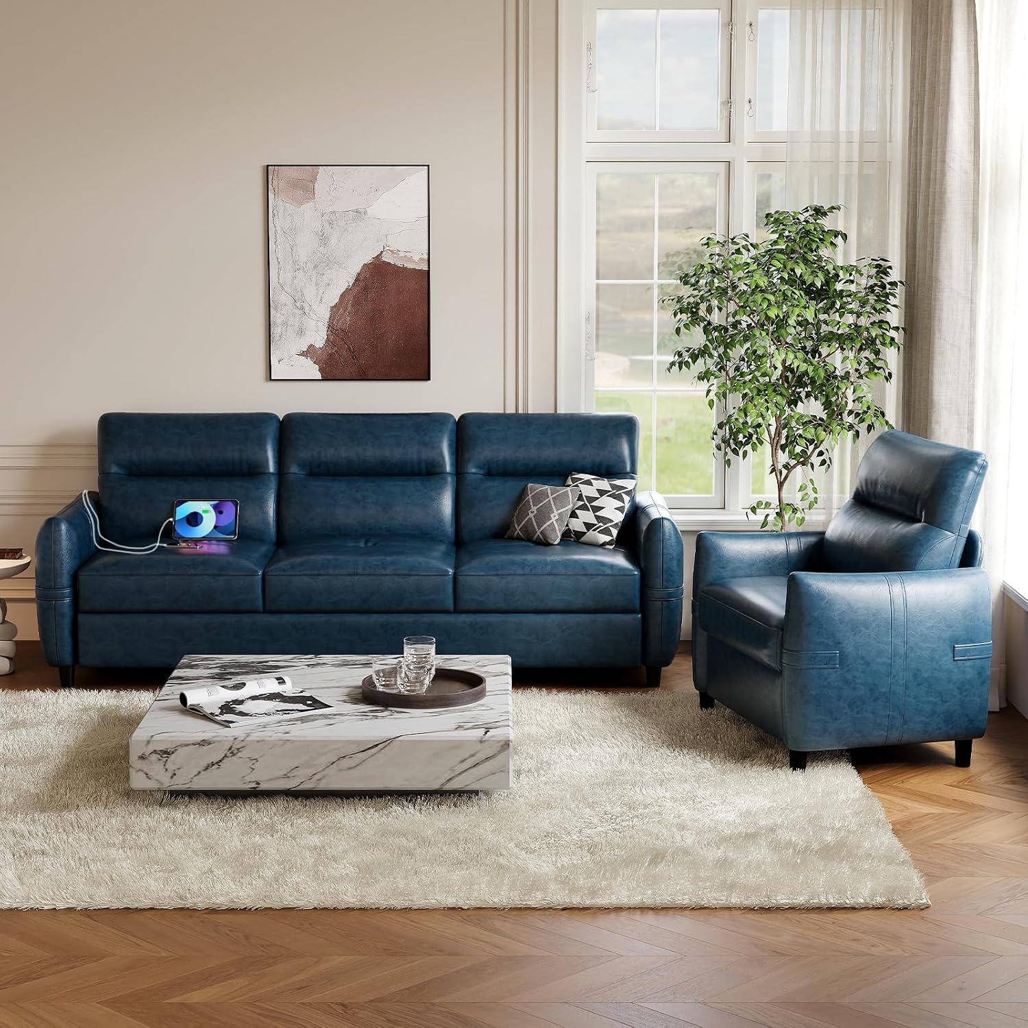 STHOUYN 85' Faux Leather Couch with USB, 3 Seater Couch for Living Room, Large Mid Century Modern Office Sofa for Apartment, Bedroom, Blue