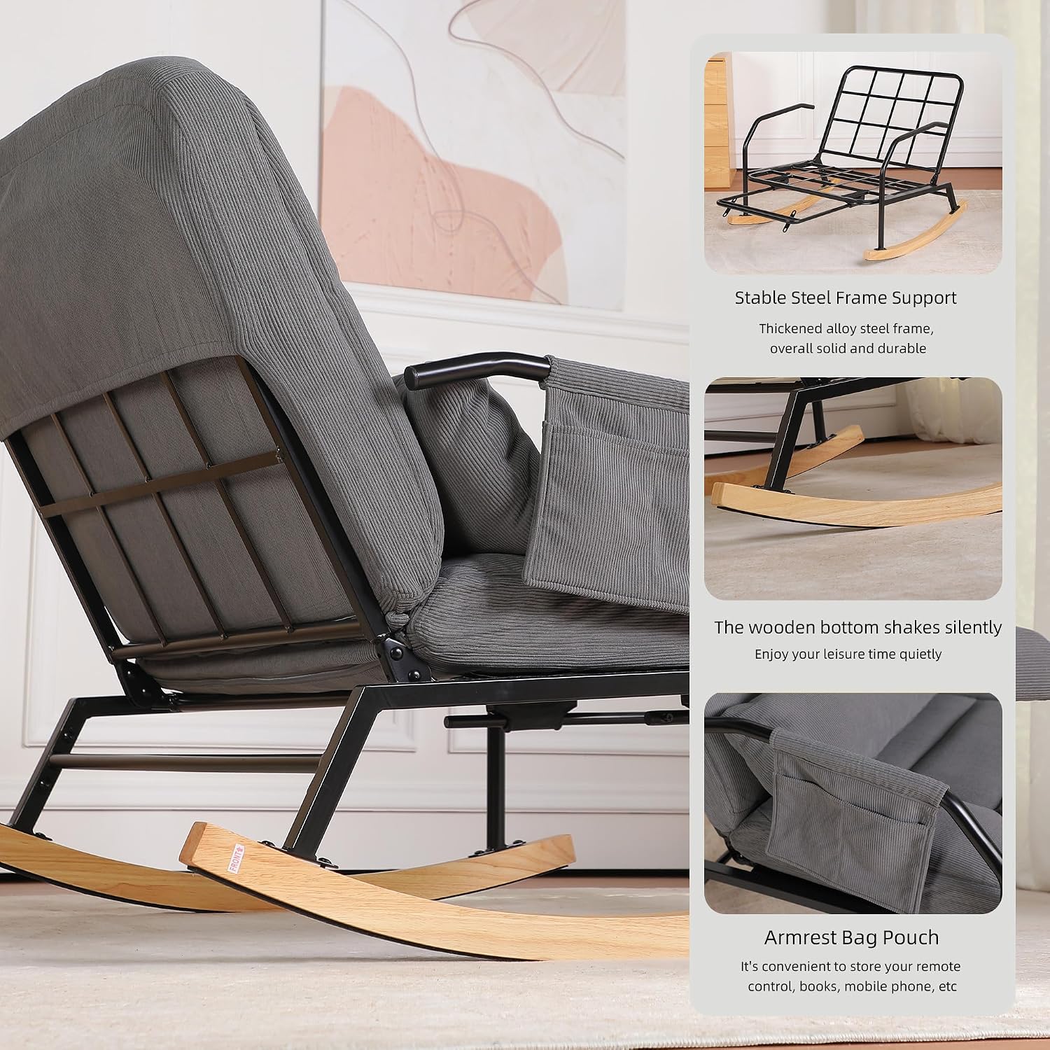 Oversized Rocking Chair, Extra-Wide Glider Patio Rocker Chairs with Foot Rest, Padded Cushion, Adjustable Backrest, Mental Wooden Farm, Indoor/Outdoor Living Room Bedroom Balcony Porch, Grey