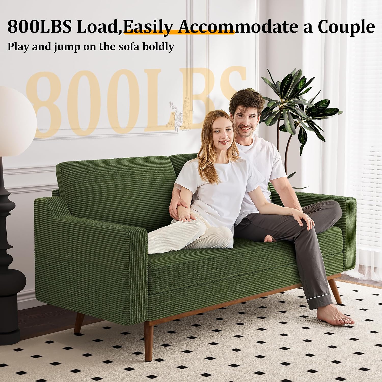 Vipbear 65.4' Loveseat Sofa Green Corduroy Couch, Mid-Century Modern Small Couches for Living Room, Bedroom, Office, Comfy Sofa with Spring Cushion, Solid Wood Frame, Tool-Free Assembly