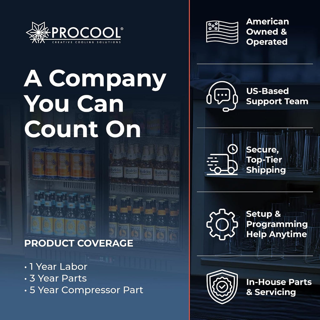 Procool 1-Door Undercounter Refrigerator - 33' Tall Energy Efficient Black Beverage Cooler With Glass Door & White LED Lights - Residential Beverage Refrigerator For Entertaining Spaces & Home Bars