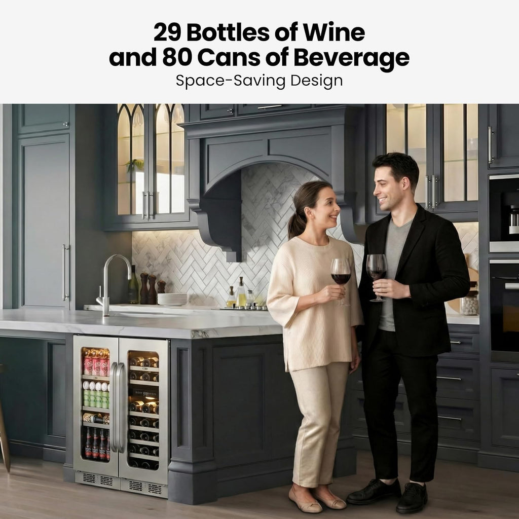 Wine and Beverage Refrigerator, 30' Dual Zone Under Counter Wine Beverage Cooler Built-In or Freestanding Wine Fridge with Glass French Door Holds 80 Can & 29 Bottle