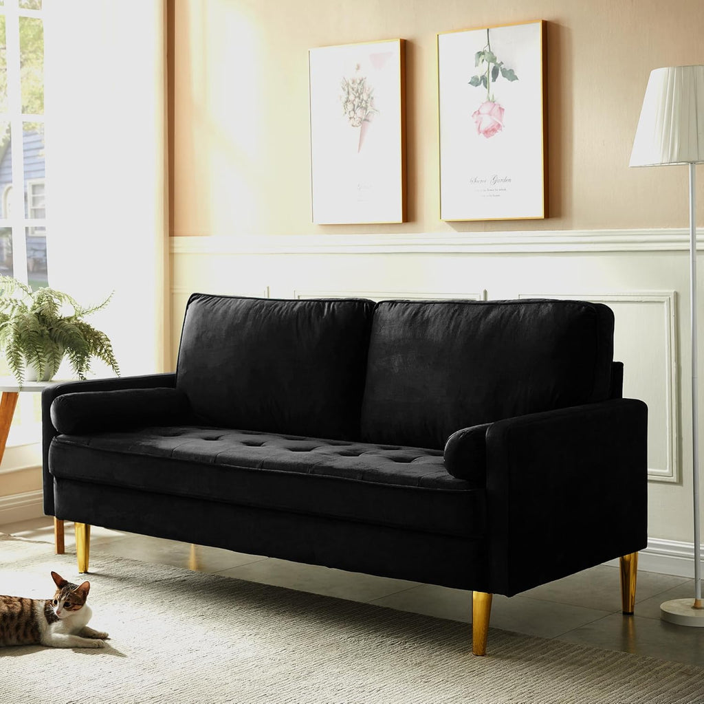 67' Modern Velvet Loveseat Sofa Couch, Mid-Century Tufted Upholstered Small Love Seat Couch with 2 Pillows & 4 Golden Legs, 2-Seats Couches for Compact Space, Living Room, Apartment (Black)
