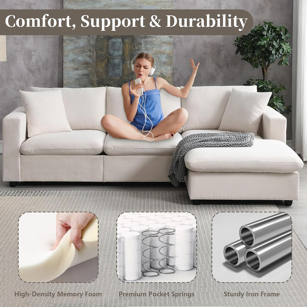 Tmsan 100.4' Beige Cloud Couches for Home Living Room Sofa Set, Modern L Shaped Sectional Couch with Convertible Ottoman, 4 Seater Comfy Polyester Fabric Modular Sofa for Apartment Bedroom Office