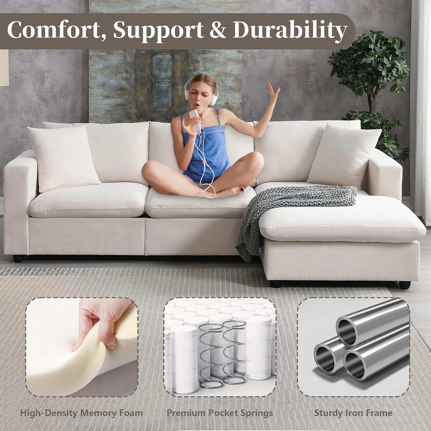 Tmsan 100.4' Beige Cloud Couches for Home Living Room Sofa Set, Modern L Shaped Sectional Couch with Convertible Ottoman, 4 Seater Comfy Polyester Fabric Modular Sofa for Apartment Bedroom Office