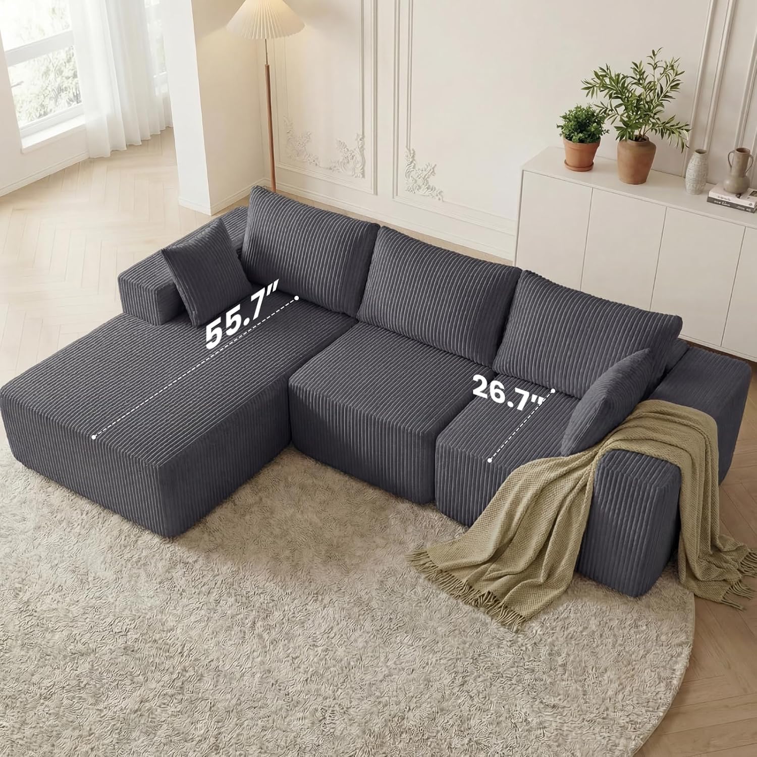 DUMOS 108' Boneless Couch, Cloud Sectional Couch with L-Shape Chaise, Modular Sectional Sofa with Deep Seat, Upholstered Couch for Living Room Bedroom, No Assembly Required, Grey, Left Facing Chaise