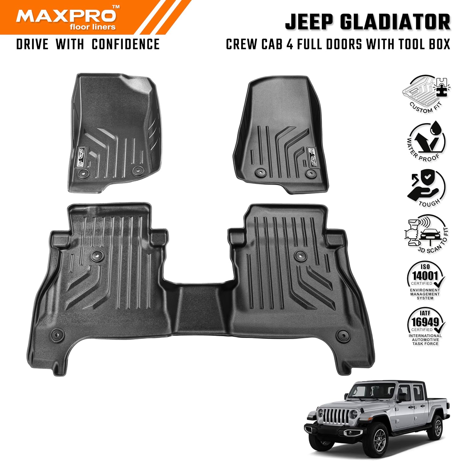 Premium MAXPRO Jeep Gladiator Accessories Car Mats Full Set 2020-2026 with Tool Box, Custom TPE Automotive Floor Mats Alternative to Rubber Floor Mats for Car, Truck Car Floor Liners Jeep Floor Mats