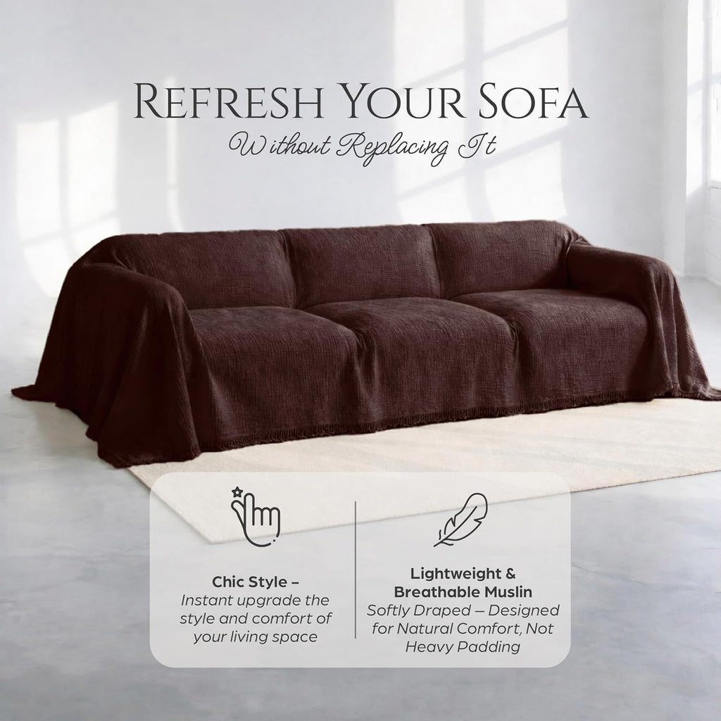 Brown Washable Sofa Cover %100 Pure Cotton, Gauze Couch Covers for Sectional, L Shape, U Shape Sofa, Large 4 Layered Muslin Natural Fabric, Cloud Like Couch Cover (Brown, 95x118' / 240x300 cm)