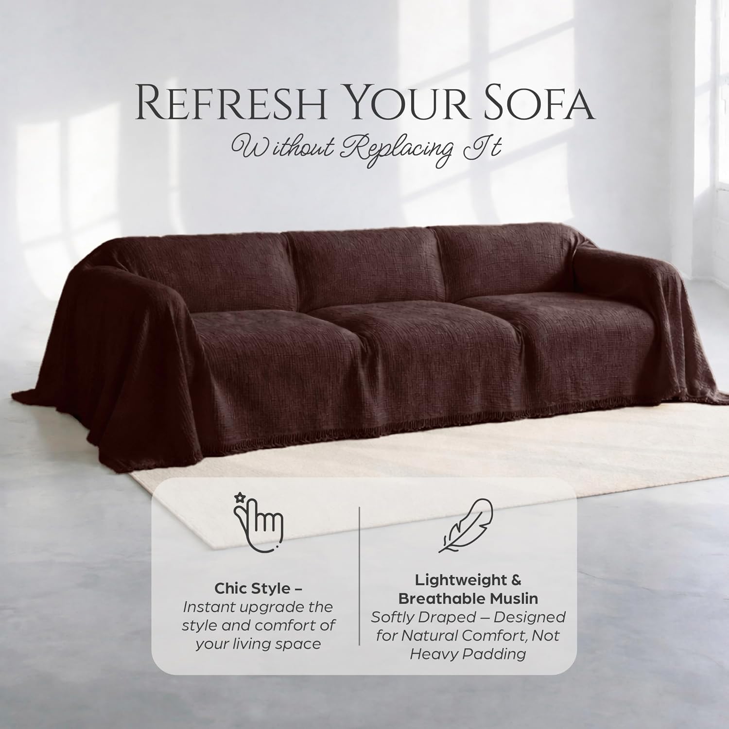 Brown Washable Sofa Cover %100 Pure Cotton, Gauze Couch Covers for Sectional, L Shape, U Shape Sofa, Large 4 Layered Muslin Natural Fabric, Cloud Like Couch Cover (Brown, 95x118' / 240x300 cm)