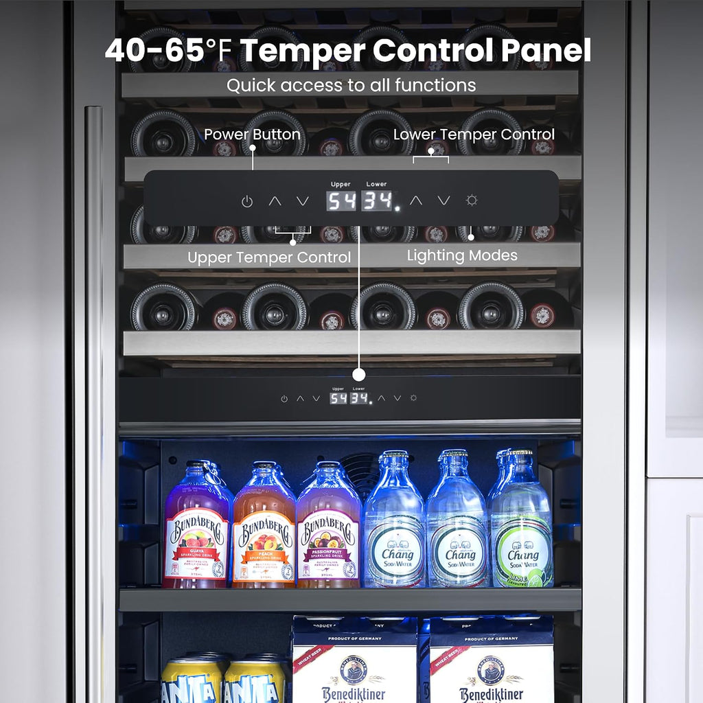 Yeego 24 Inch Wine Fridge – 34°F-65°F Wine and Beverage Cooler, 304 Stainless Steel Glass Door Lock, Temp Memory Blue & White LED Built-in Fridge with Adjustable Shelves (112 Can+40 Bottle)