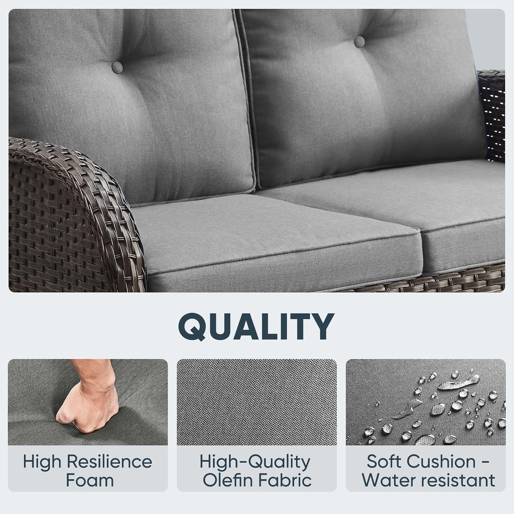 Belord 5 Piece Outdoor Conversation Patio Furniture Set - All-Weather Wicker Patio Rocking Chairs with Loveseat Glider Chair and Coffee Table for Patio Deck Porch Backyard Gray Cushion