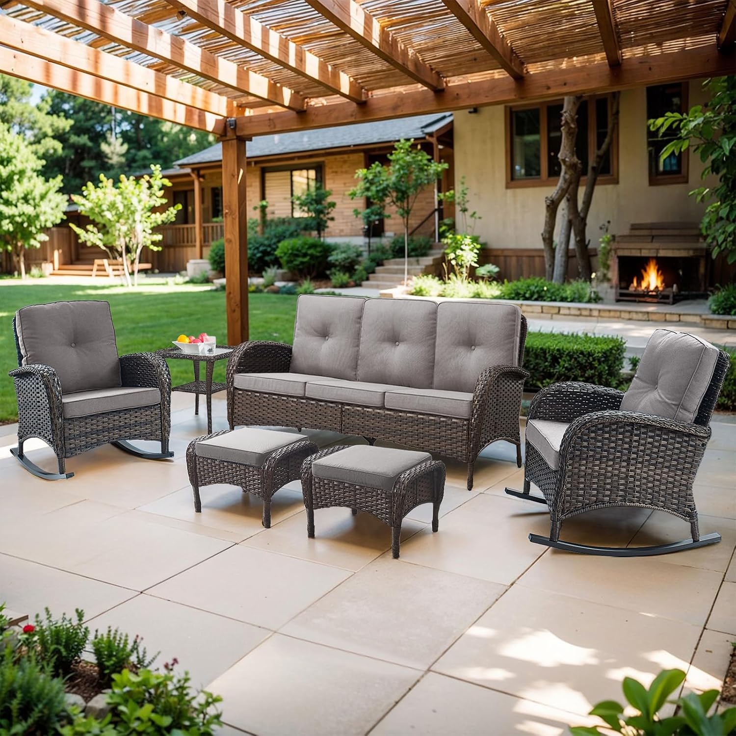 Belord Patio Rocking Chairs Furniture Set of 6, Outdoor Wicker Furniture Sets with Wicker Rocker, Small Patio Conversation Sets with Outdoor Couch Ottomans Brown/Grey