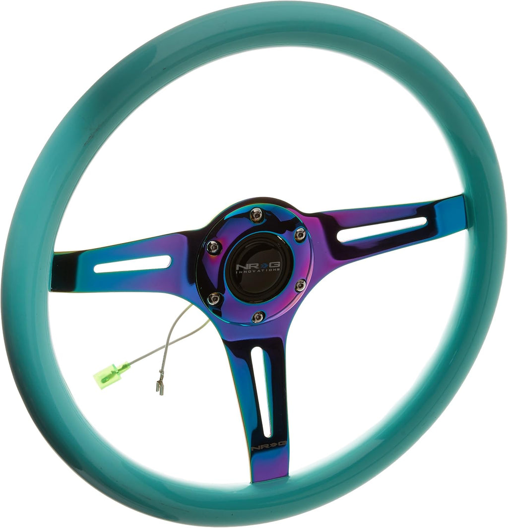 NRG Innovations NRG-ST-015MC-MF Classic Wood Grain Steering Wheel - 350mm, 6x70mm, 3 Neochrome Spokes - Minty Fresh Color