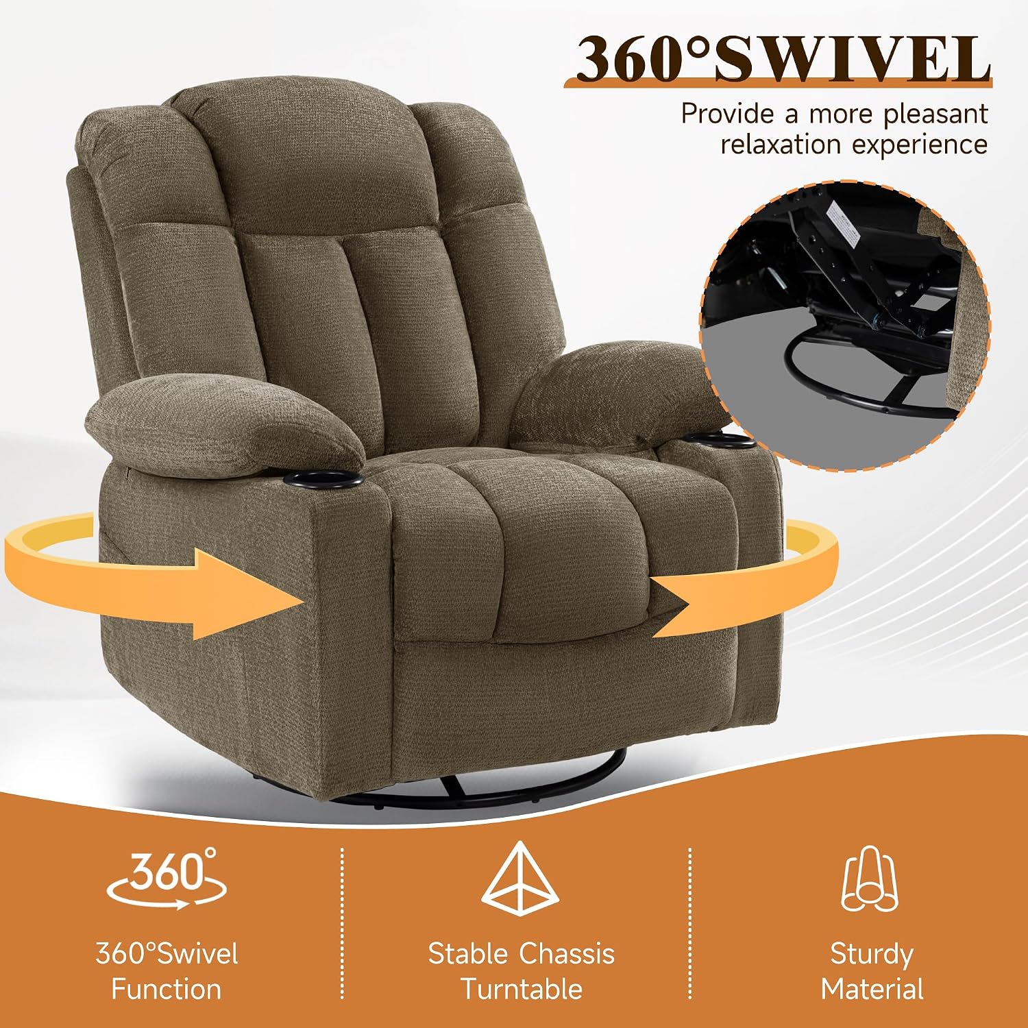 Swivel Rocker Recliner Chair for Adults – Manual Glider Sofa with Massage, Heat & Vibration, 360° Rocking for Living Room or Nursery (Light Brown, 30'x30'x40')