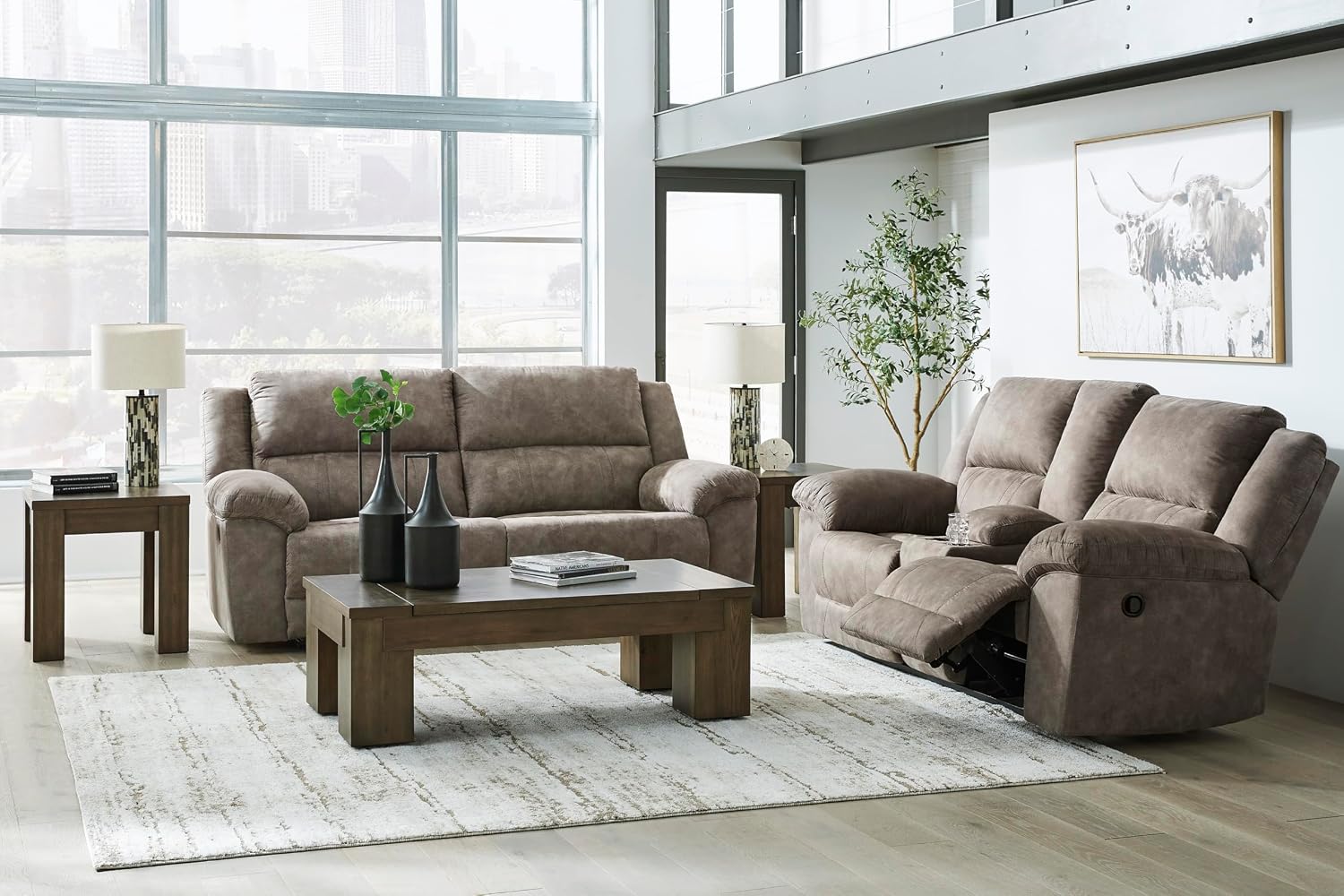 Signature Design by Ashley Laresview Contemporary Faux Leather Manual Double Reclining Loveseat with Console, Storage and Cup Holders, Gray