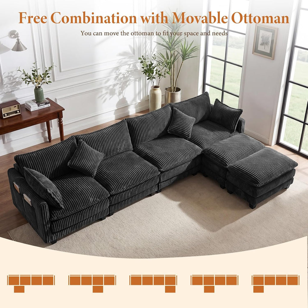 Vesgantti 143' L Shaped Modular Sectional Couch, Comfy Corduroy Upholstered Cloud Couches for Living Room, Modern 3 Seater Sofa with Movable Ottoman & Throw Pillows, Dark Grey