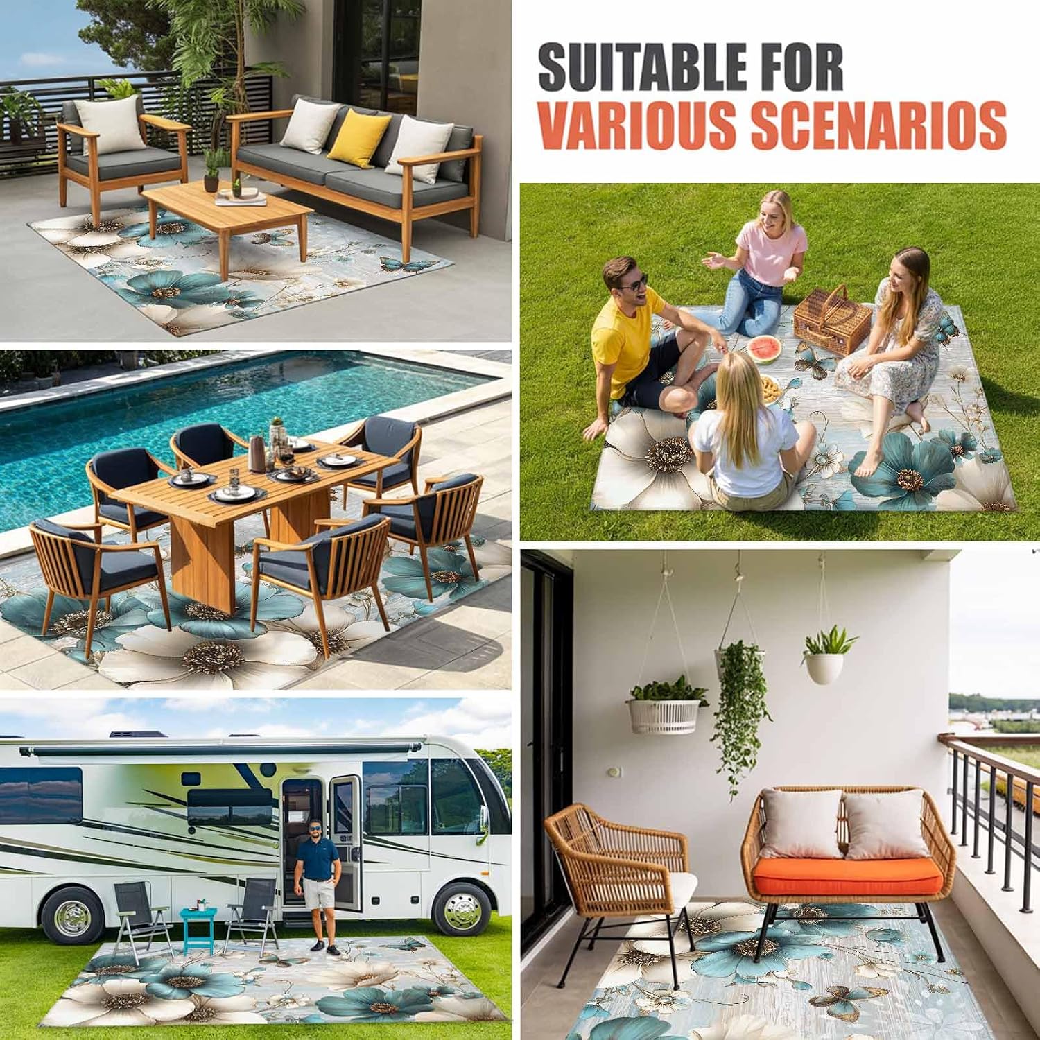 Teal Tulip Butterfly Outdoor Rug for Patio/Deck/Porch, Non-Slip Large Area Rug 4 x 6 Ft, Beige Turquoise Floral Farmhouse Blue Indoor Outdoor Rugs Washable Area Rugs, Camping Rug Carpet Runner