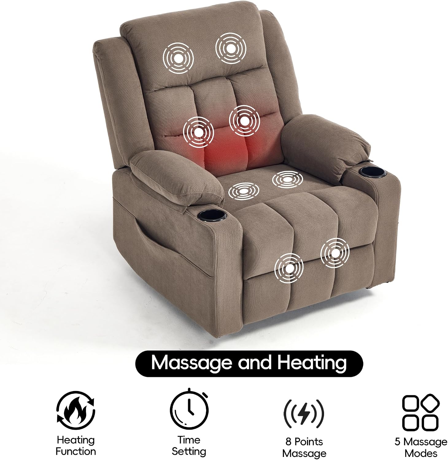 Swivel Rocker Recliner Chair with Massage and Heating,Cup Holders,Glider Recliner for Adults,Soft Fabric Living Room Nursing Reclining Sofa Chair (Coffe)