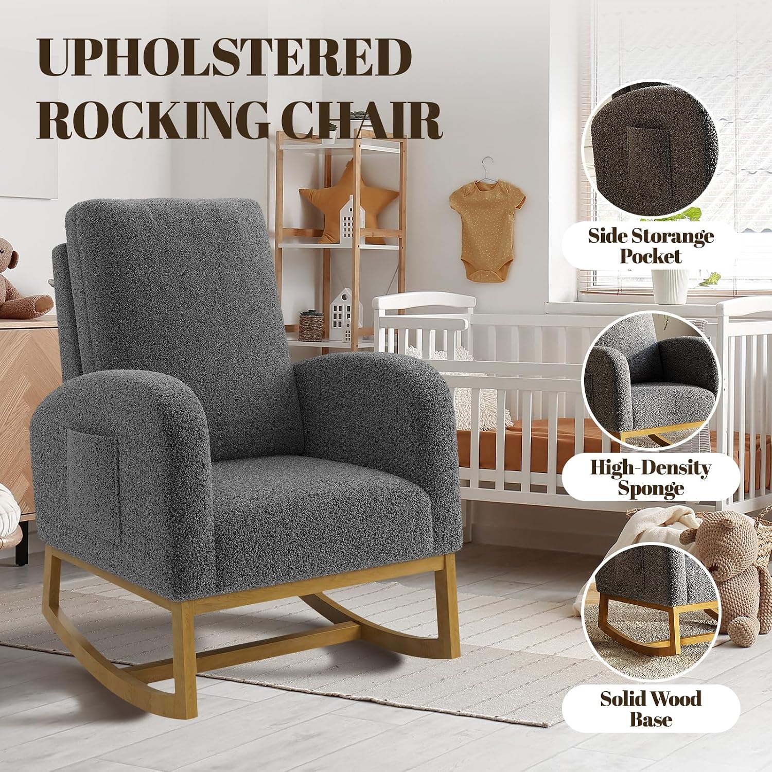 Teddy Upholstered Rocking Chair Nursery, Glider Rocker Chair with High Backrest and Side Pocket, High Back Accent Chair with Wood Legs, Comfy Side Chair for Nursery- Dark Gray