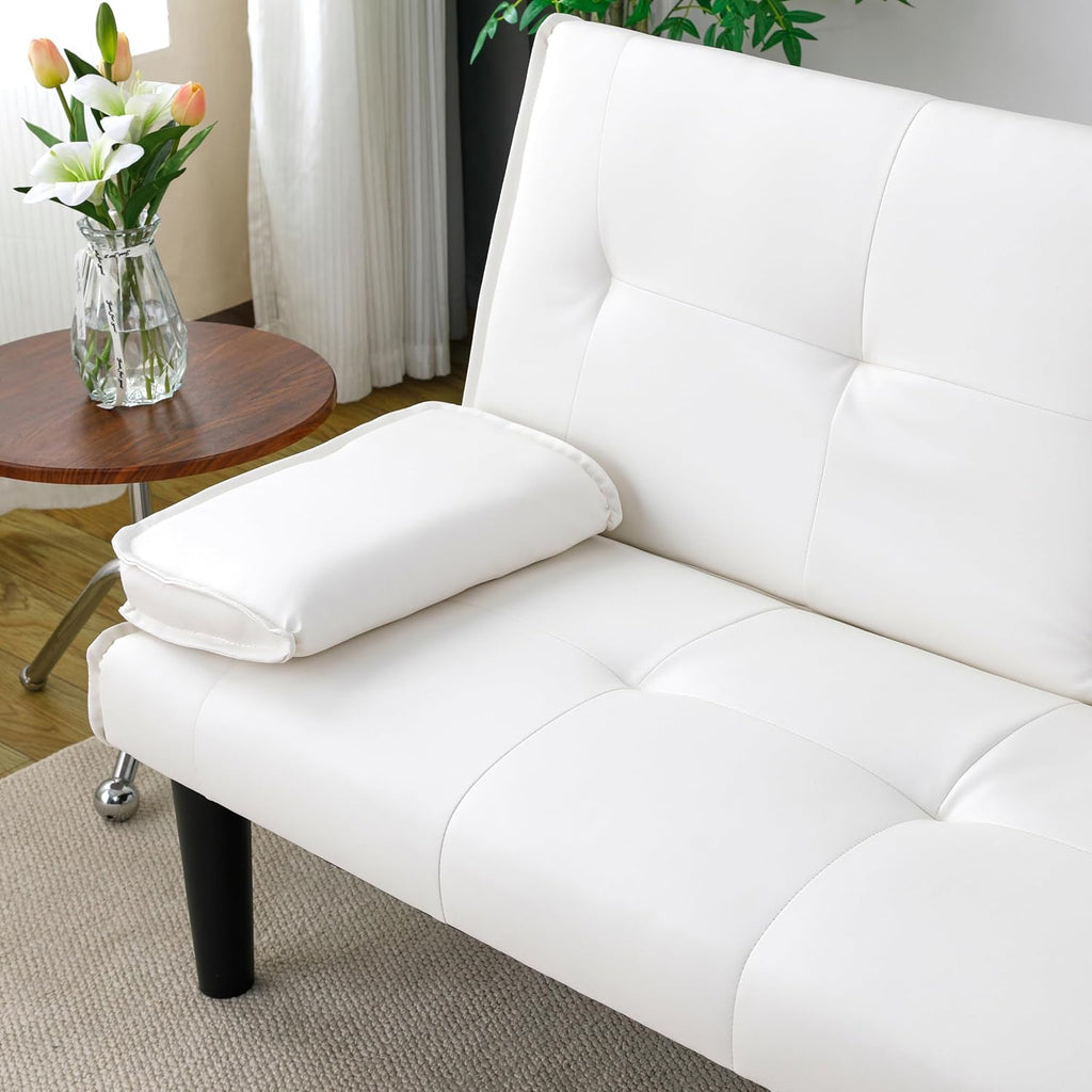 KEIKI 67' Convertible Sofa Bed with Cup Holder, 3 in 1 Futon Sleeper Sofa Chair, PVC Upholstered Sofa for Living Room or Office, White