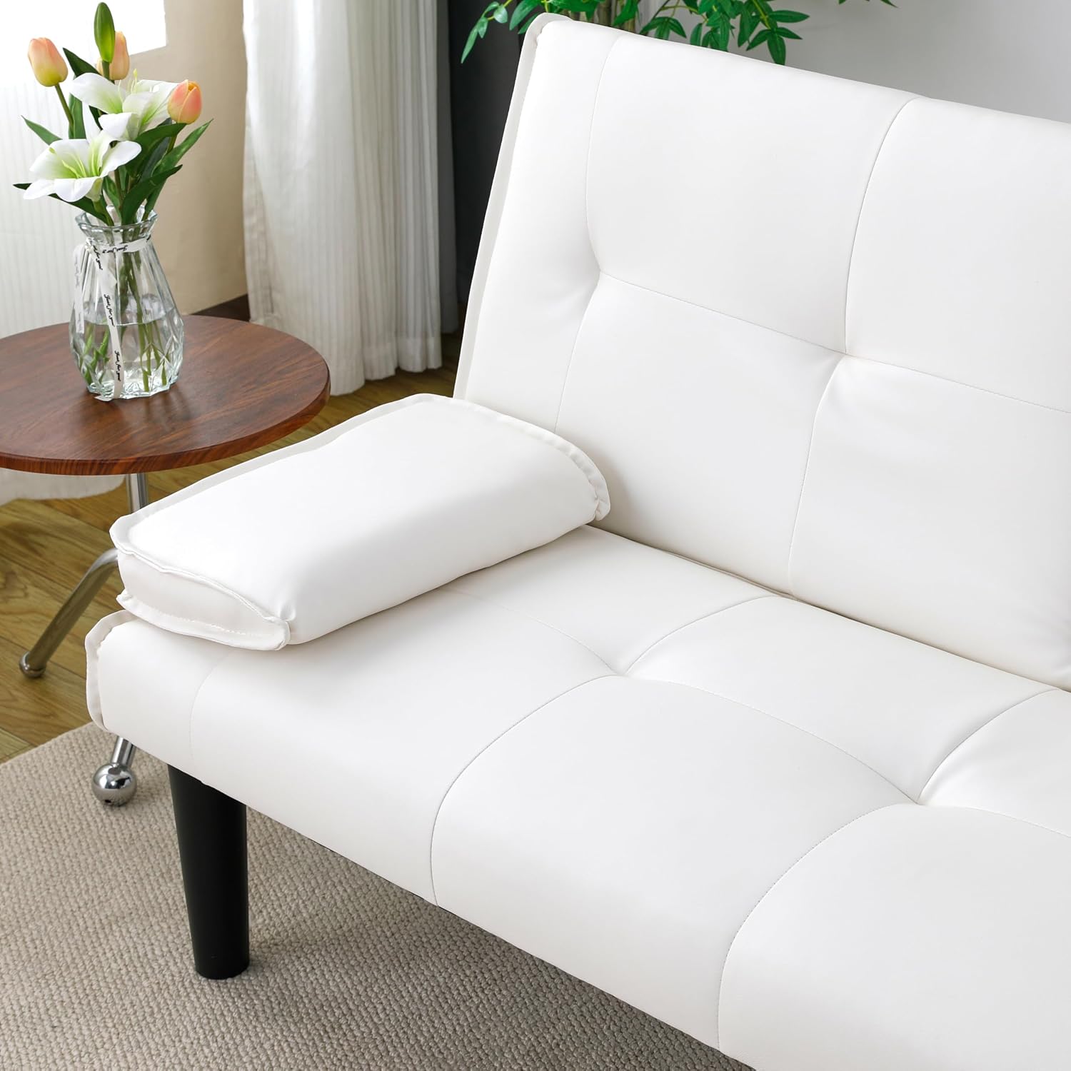 KEIKI 67' Convertible Sofa Bed with Cup Holder, 3 in 1 Futon Sleeper Sofa Chair, PVC Upholstered Sofa for Living Room or Office, White