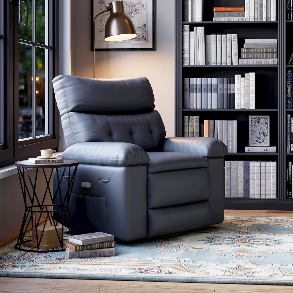 Oversized Recliner Chair with Heating & Massage, XL Faux Leather Nursery Rocking Chairs for Adults with Cup Holder and Side Pockets, Swivel Chair for Living Room, Bedroom Grey