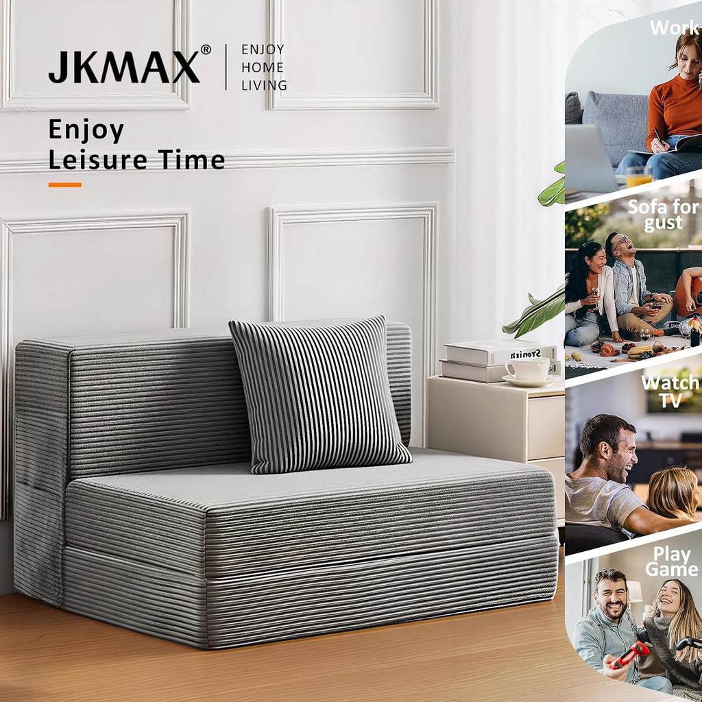 JKMAX Twin Size Folding Sofa Bed - 4 in 1 Convertible Sleeper Chair with Pillow - High Density Memory Foam Futon Couch - Foldable Bed for or Living Room Bedroom (Dark Grey)
