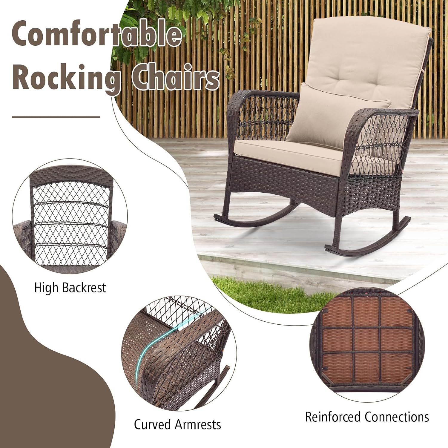 HAPPYGRILL 3 Pieces PE Rattan Rocking Bistro Set, Rocking Chairs with 2-Tier Coffee Table, Thick Pillows and Cushions, Outdoor Conversation Set for Porch, Garden and Poolside, (Beige)