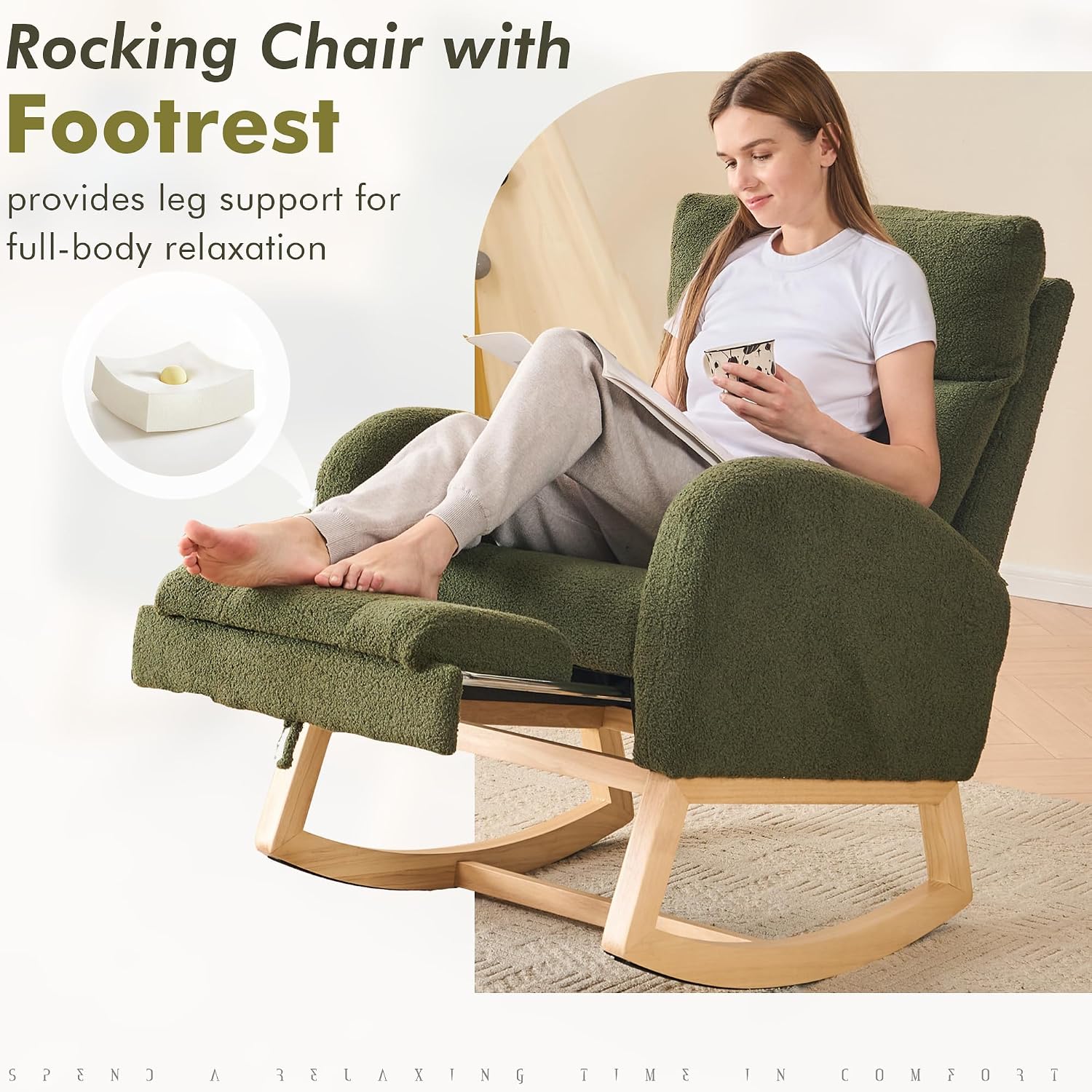 FOXHUNTER Rocking Chair for Nursery with High Backrest & Foot Rest-Nursery Rocking Chairs with Side Storage Pocket for Breastfeeding,Modern Glider Chair for Baby Bedroom,Living Room,Teddy Green
