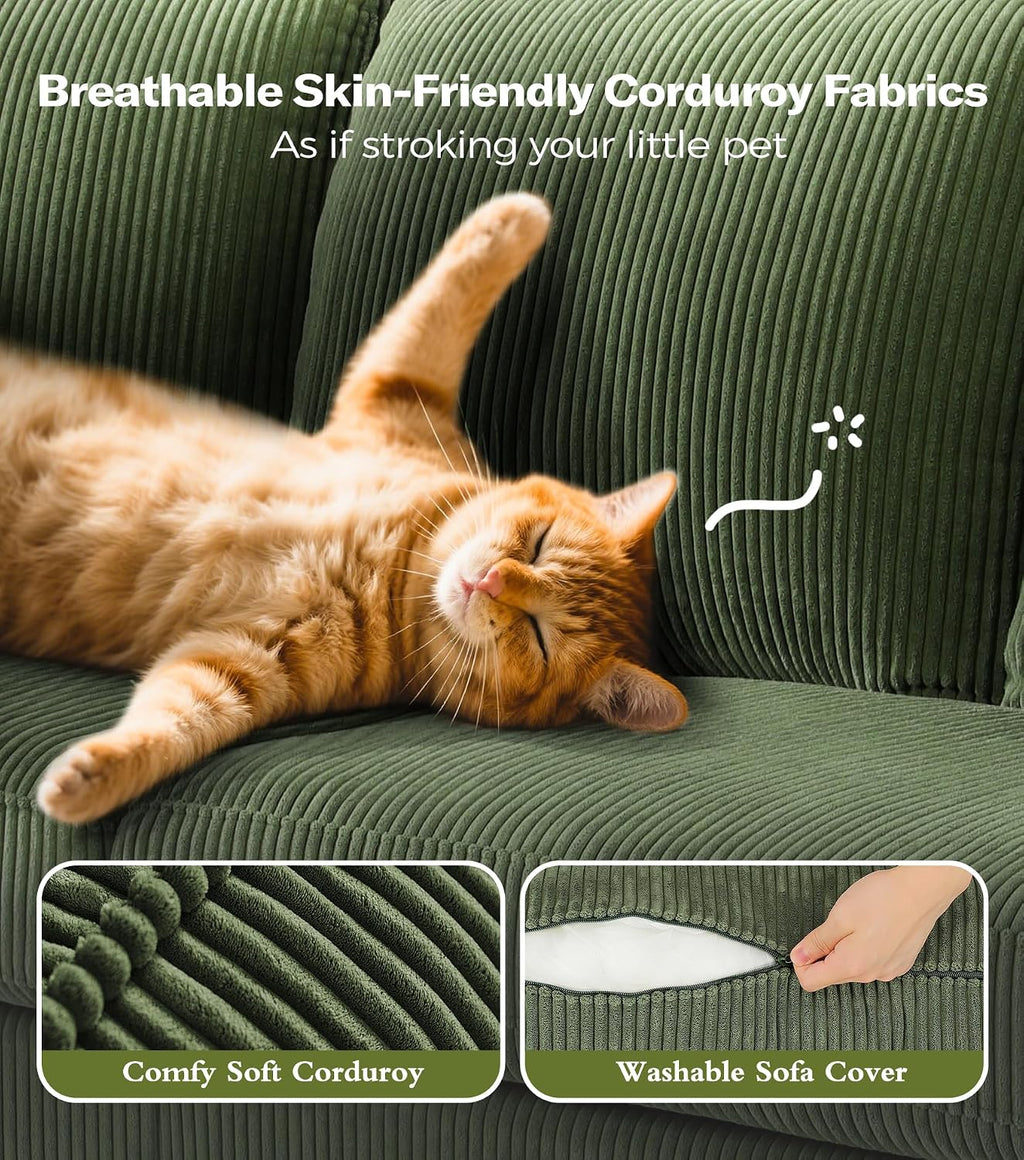 87in Corduroy Couch, Kidirect Sofa No Tool Assembly, Comfy Couches for Living Room 21in Deeper Seats, Corduroy Sofas for Living Room with 2 Pillows, Oversized Loveseat Sofa, Boho Love Seat Green Couch
