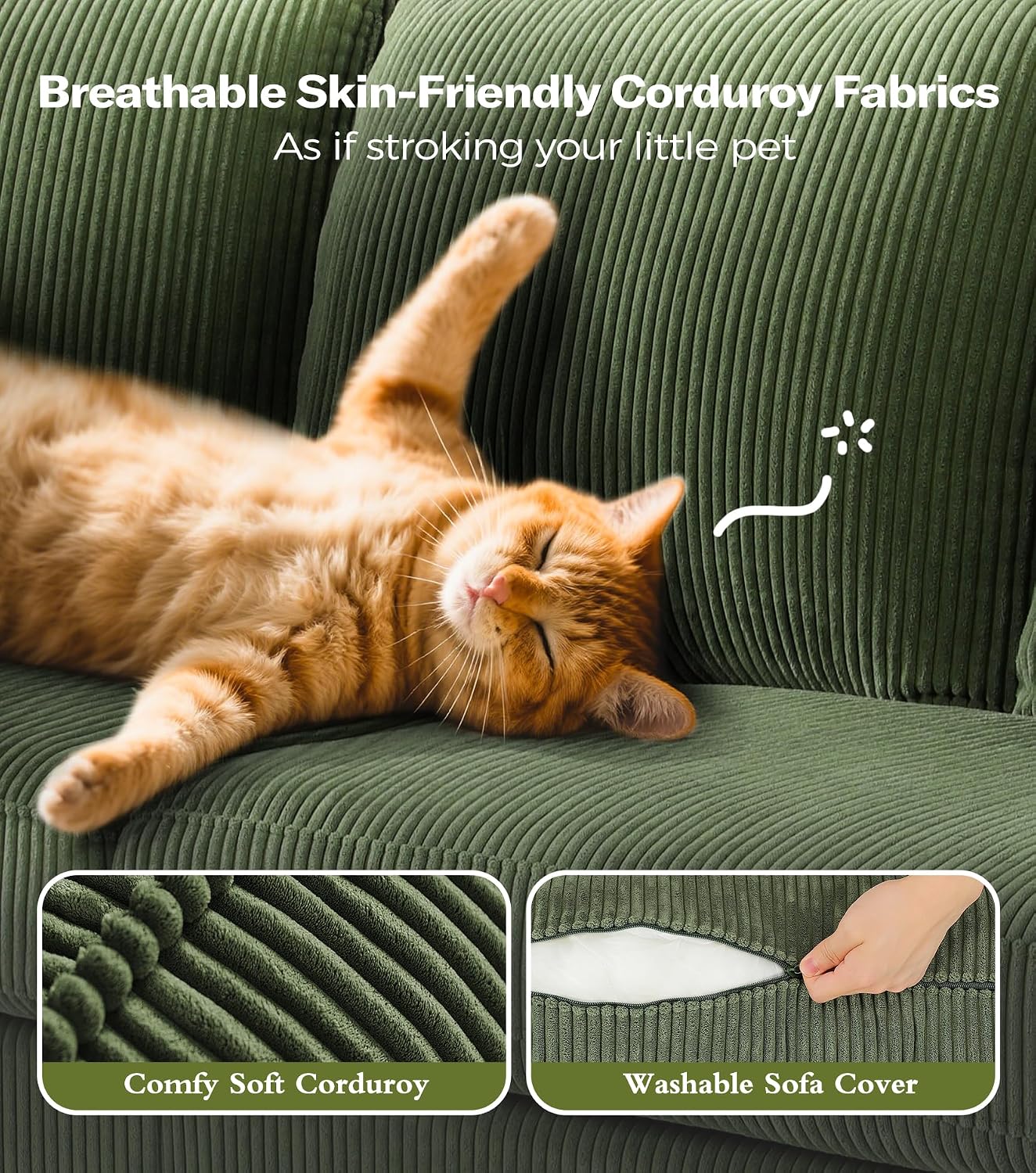 87in Corduroy Couch, Kidirect Sofa No Tool Assembly, Comfy Couches for Living Room 21in Deeper Seats, Corduroy Sofas for Living Room with 2 Pillows, Oversized Loveseat Sofa, Boho Love Seat Green Couch