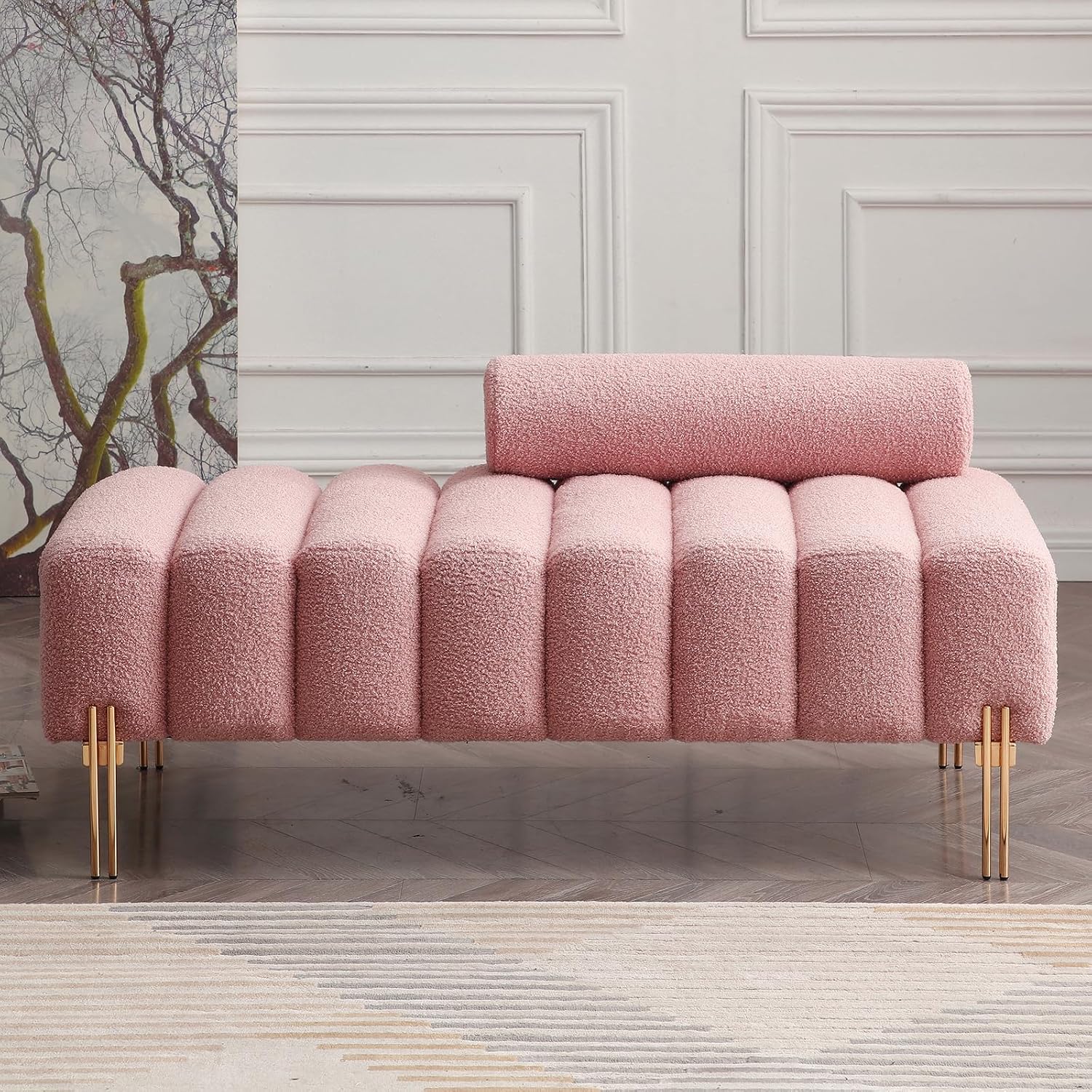 NIOIIKIT 53.2' Modern Loveseat Sofa Couch, Upholstered Accent Sofa with Golden Legs and Adjustable Backrest, Small Teddy Fleece Couches for Bedroom, Living Room, Compact Small Space (Pink Teddy)