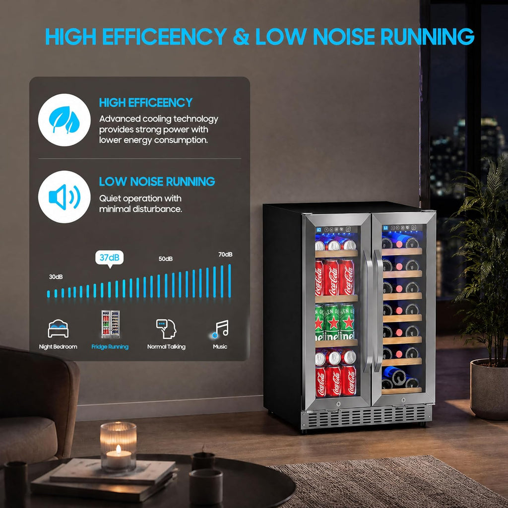24 Inch Wine and Beverage Refrigerator with Glass Door, Dual Zone Wine Fridge Under Counter - 21 Bottle and 60 Can Large Capacity LED Blue Light Smart Fast Cooling Wine Cooler Drink Fridge