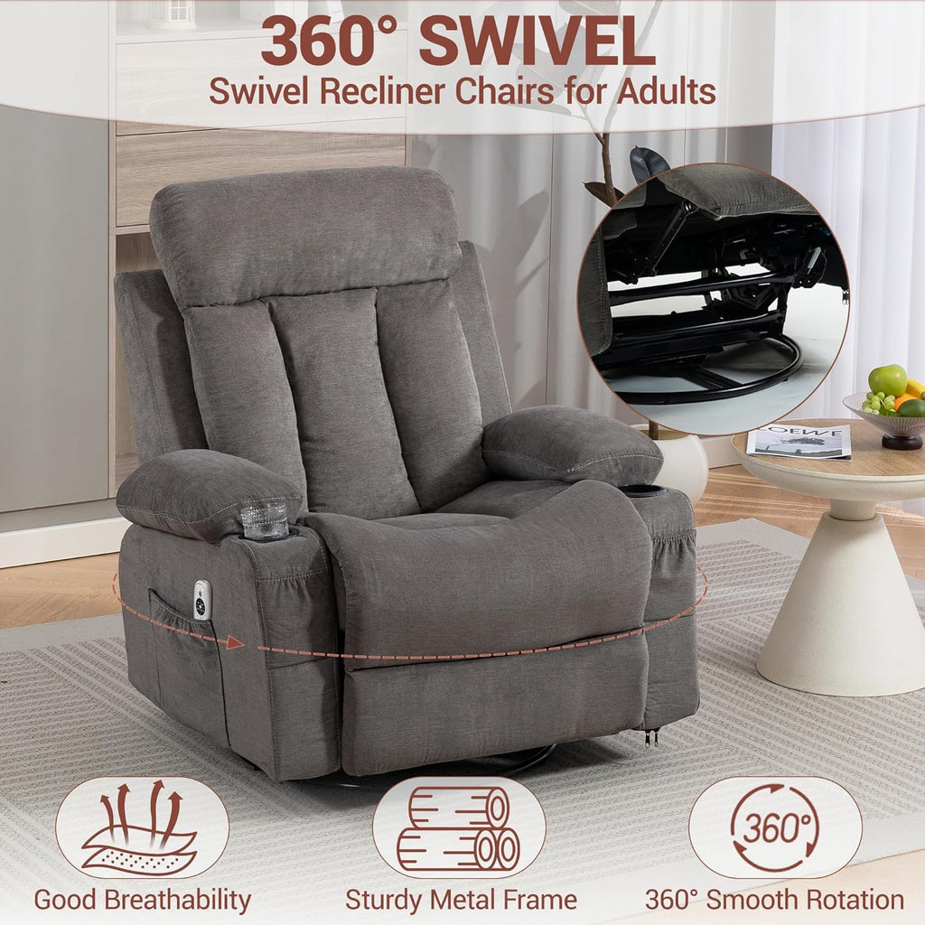 Rocker Recliner, Glider Recliner Chairs for Adults, 360° Swivel Recliner Chair w/Massage and Heating, Nursery Chair with Rocking Function, Side Pocket, Cup Holders for Living Room, Bedroom, Grey
