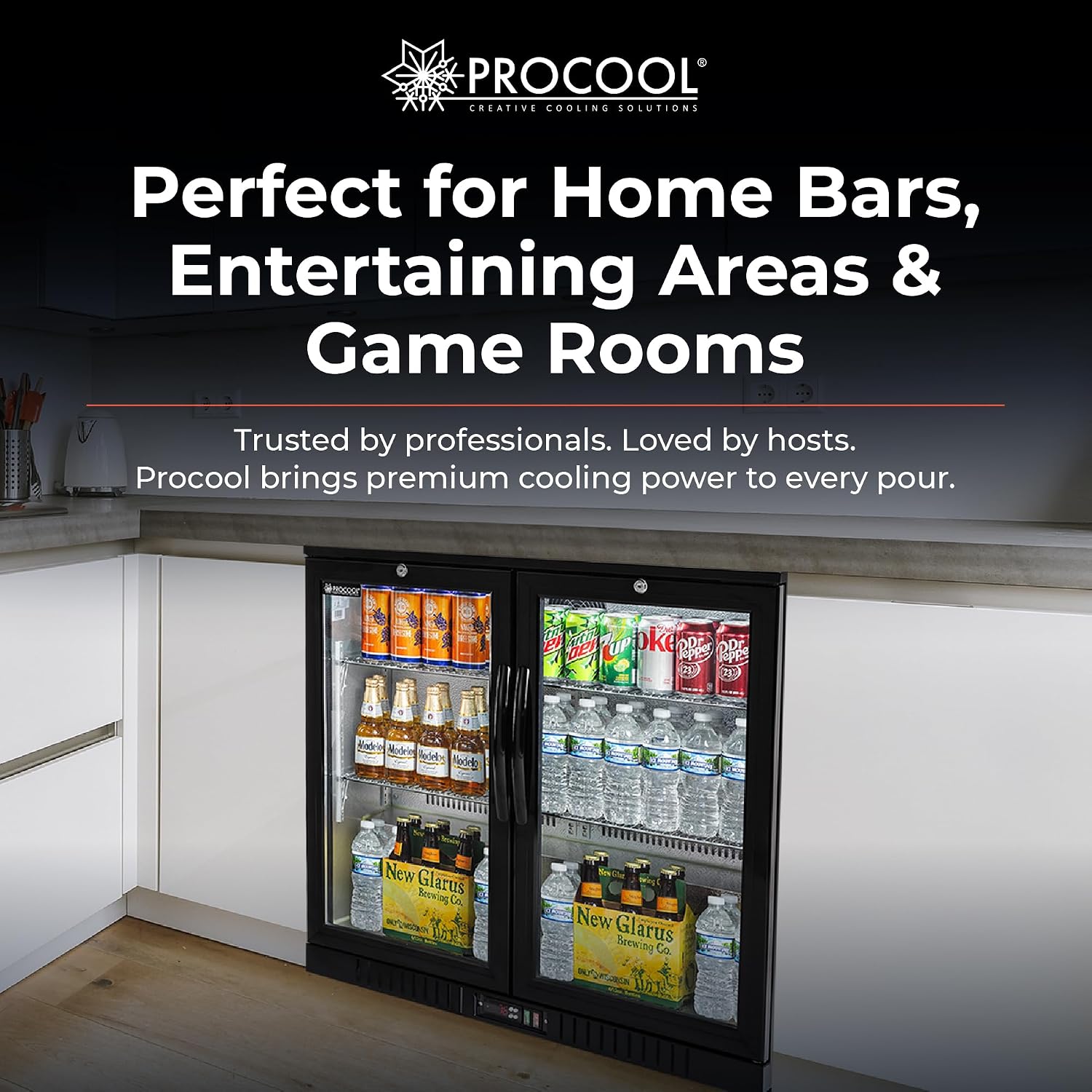 Procool 2-Door Undercounter Refrigerator - 33' Tall Energy Efficient Black Beverage Cooler With Glass Doors & White LED Lights - Residential Beverage Refrigerator For Entertaining Spaces & Home Bars