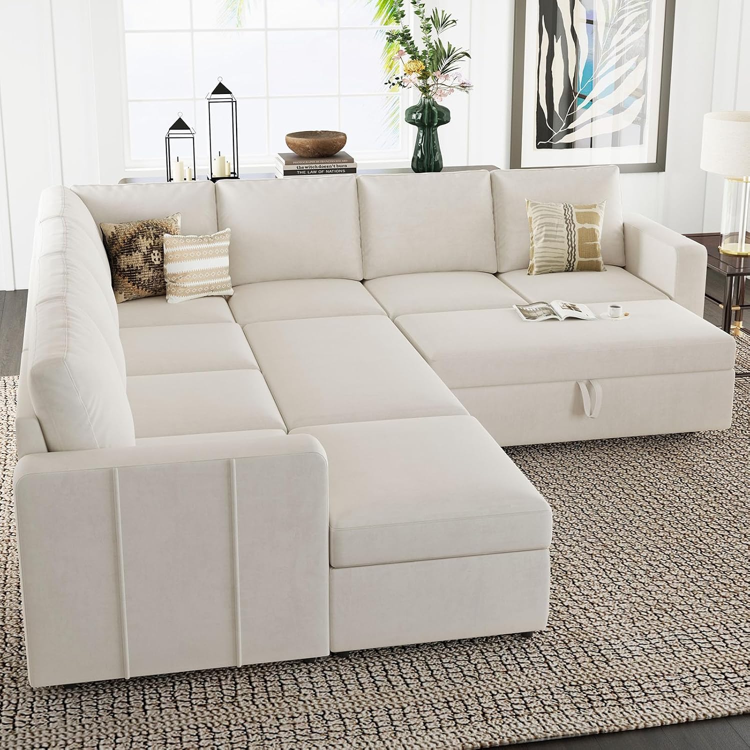 Belffin Modular Sectional Sofa with Sleeper Sofa Couch Pullout Bed, Oversized U Shaped Sleeper Sectional Couch with Storage Seat for Living Room, Beige