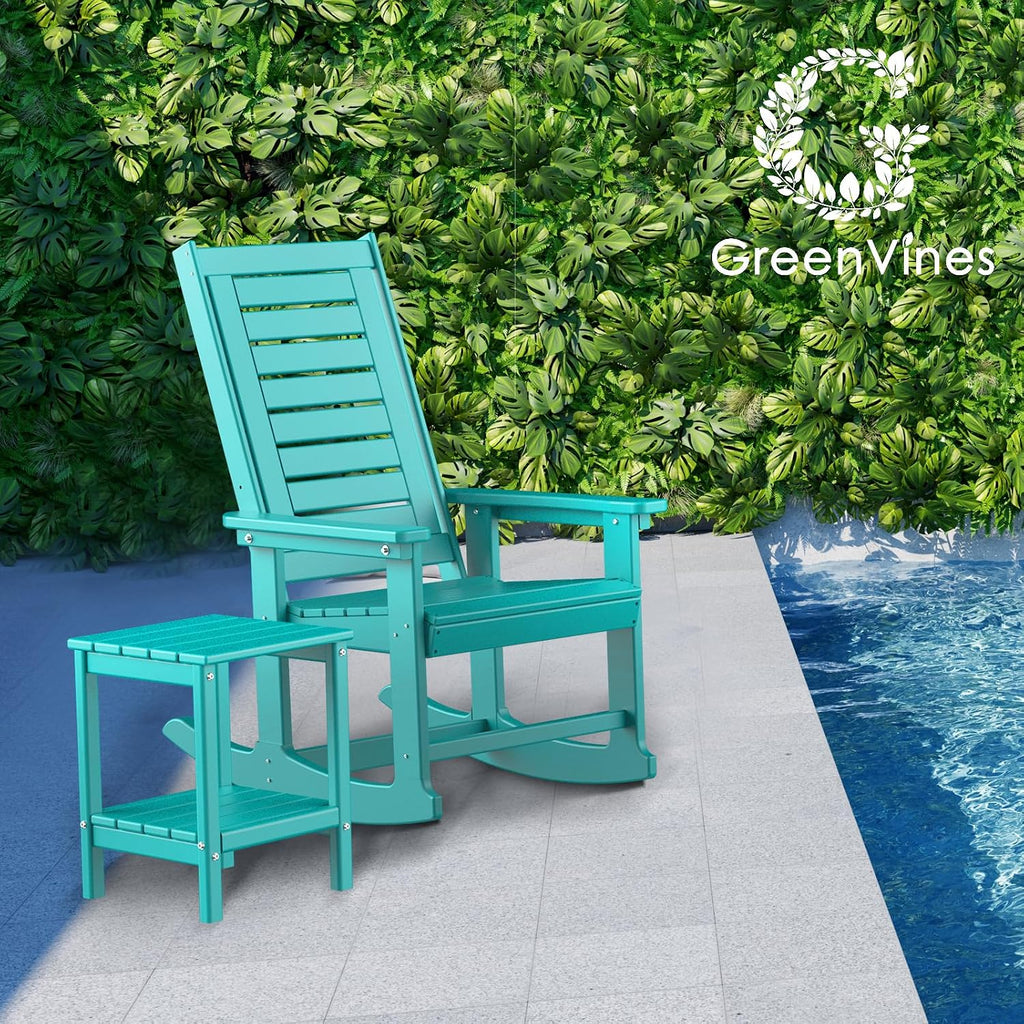 GREENVINES Outdoor Rocking Chair Set | 3-Piece | 2 Rocking Chairs with 1 Side Table | Porch Rocker | HDPE Plastic | Aqua | Patio Furniture Sets | High Back | Big & Tall | Ladder Back