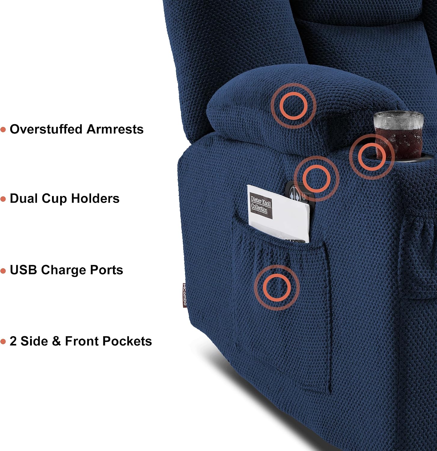 MCombo Zero Gravity Power Loveseat Sofa, Heat and Massage, Reclining Loveseat for Living Room, Fabric 6035SET (Navy Blue, Loveseat)