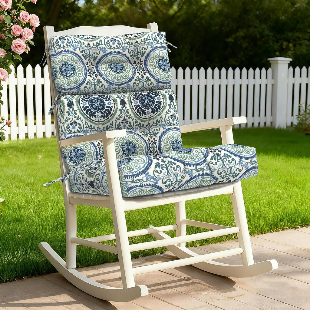 Outdoor High Back Chair Cushions Set of 2, Water-Resistant Seat Cushion Rocking Chair Cushion with tie 44×20×4 inch, Celadon Wreath