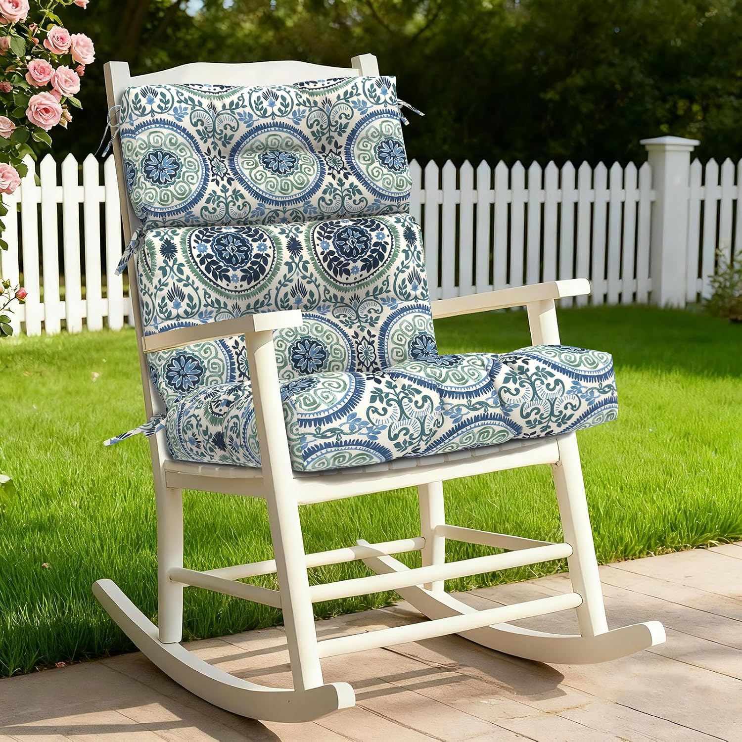 Outdoor High Back Chair Cushions Set of 2, Water-Resistant Seat Cushion Rocking Chair Cushion with tie 44×20×4 inch, Celadon Wreath
